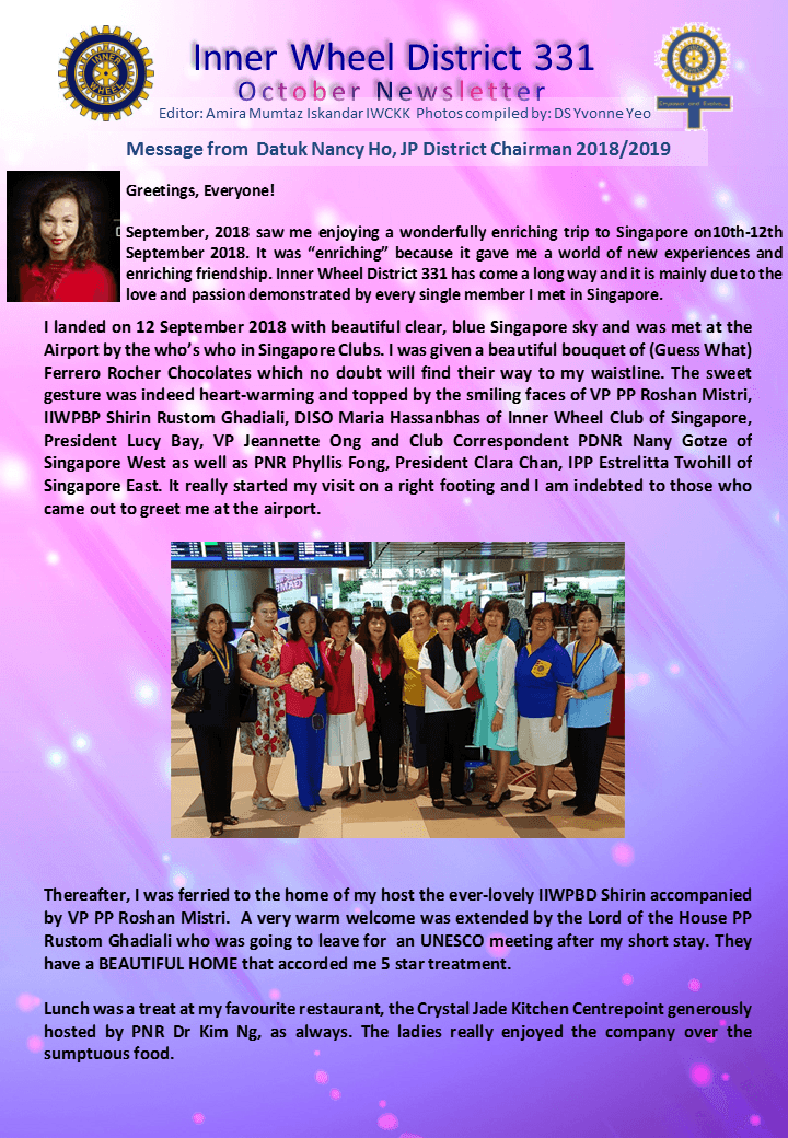 District Chairman Nancy Ho's October 2018 Message