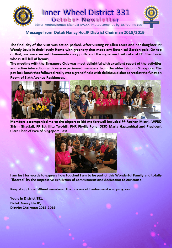 District Chairman Nancy Ho's October 2018 Message