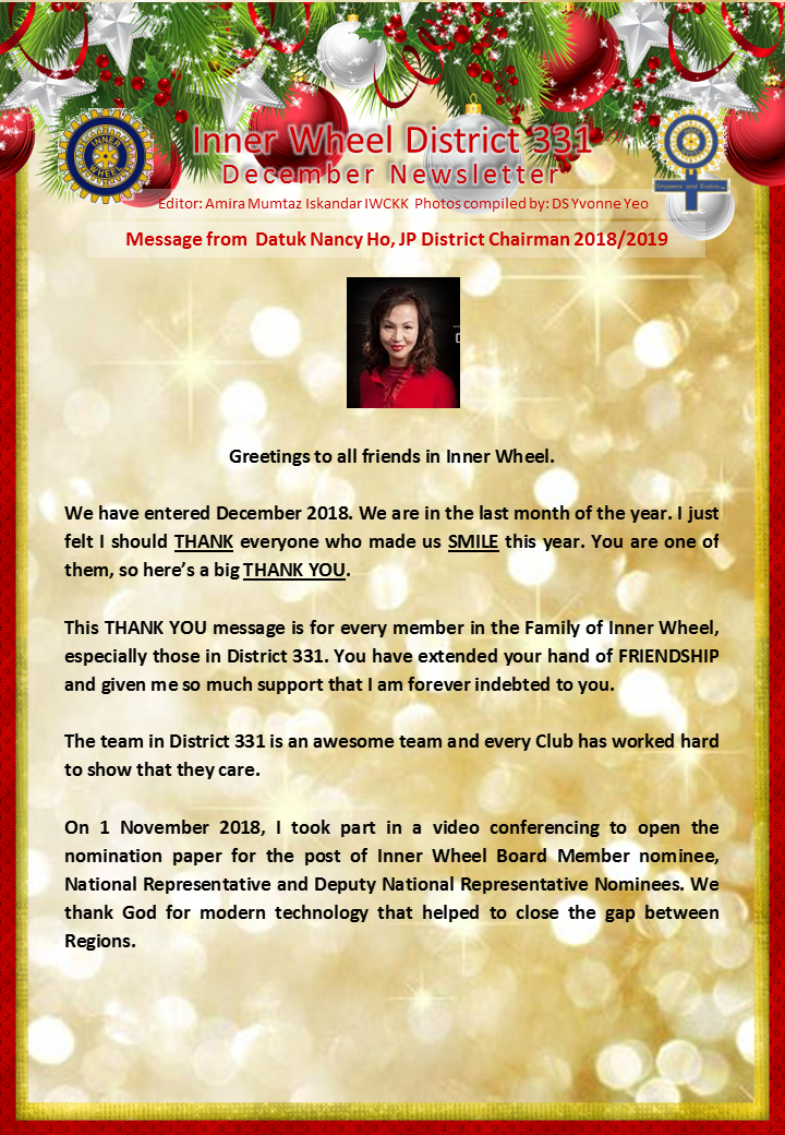 District Chairman Nancy Ho's December 2018 Message