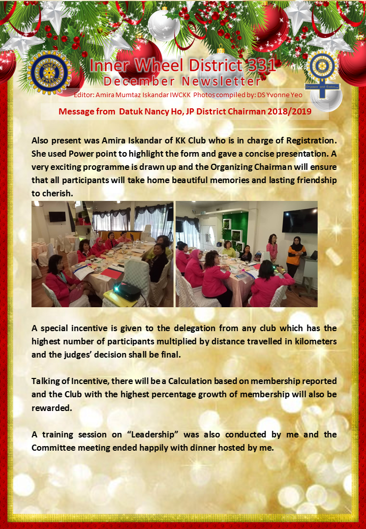 District Chairman Nancy Ho's December 2018 Message