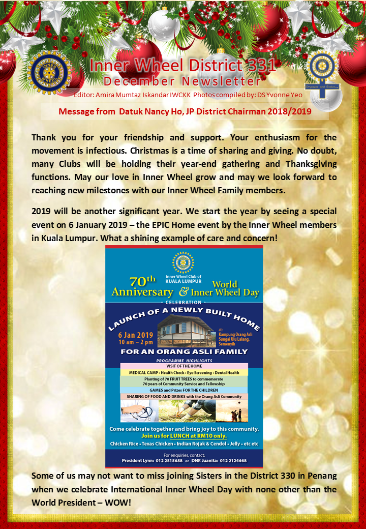 District Chairman Nancy Ho's December 2018 Message