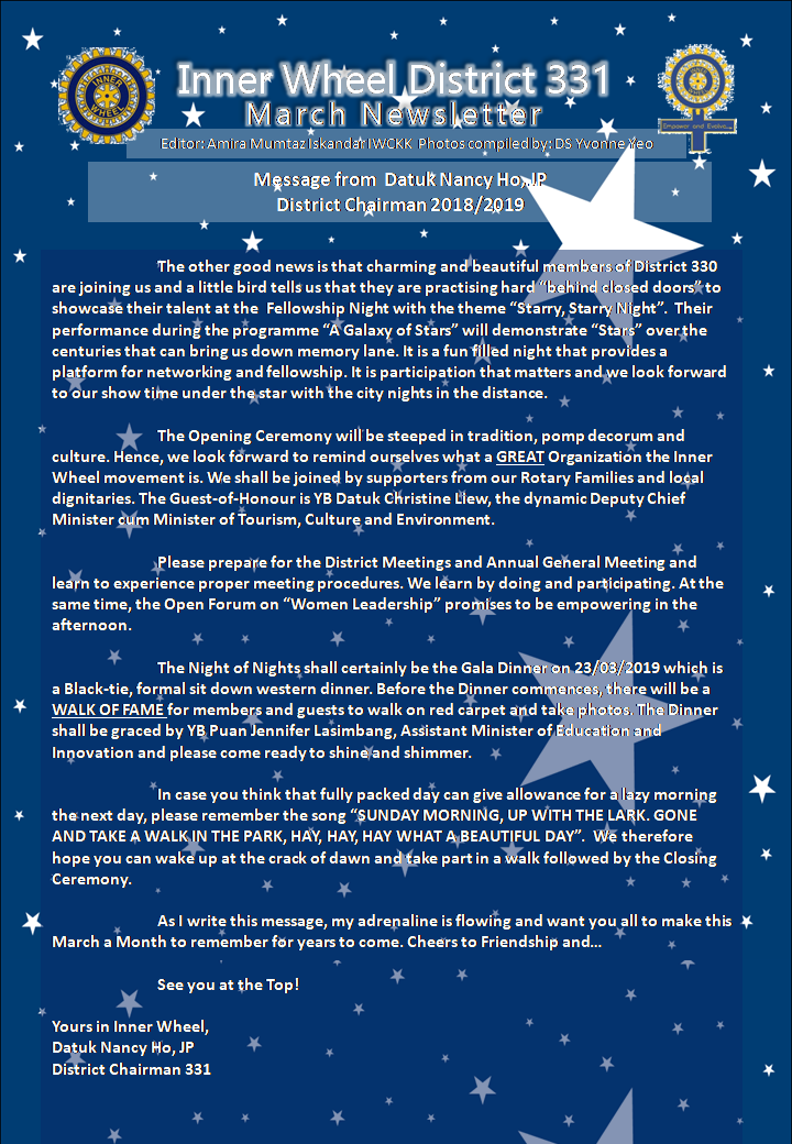 District Chairman Nancy Ho's March 2019 Message