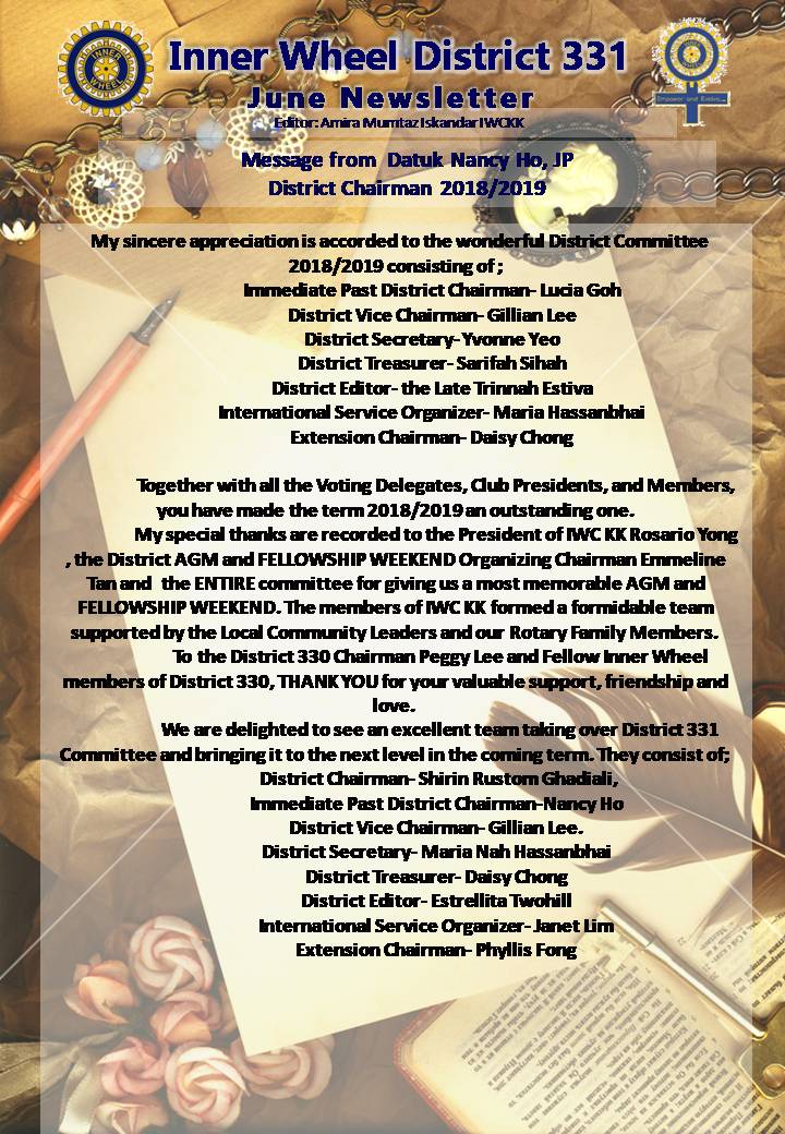 District Chairman Nancy Ho's June 2019 Message